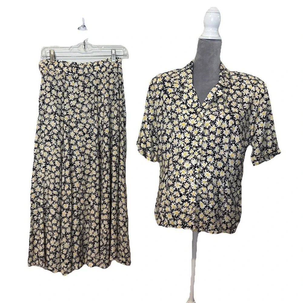 VTG 80s 90s JH Collectibles 10 Navy Blue Yellow White Floral Skirt Set Union Tag